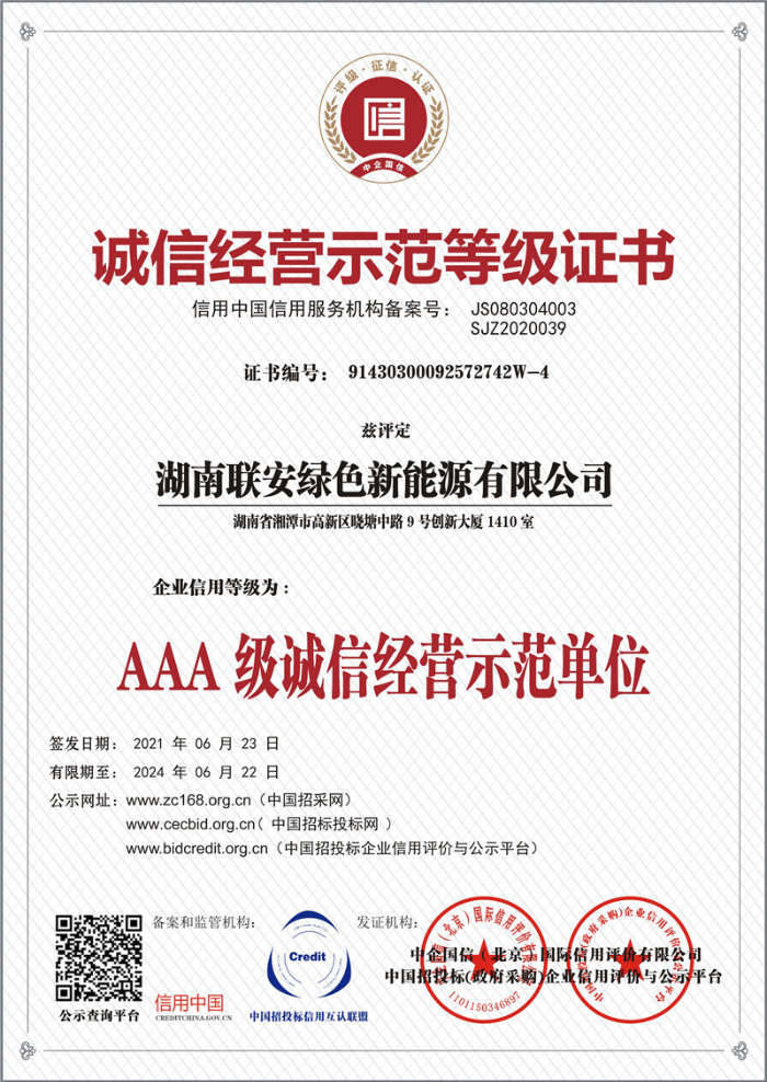 诚信经营示范等级证书